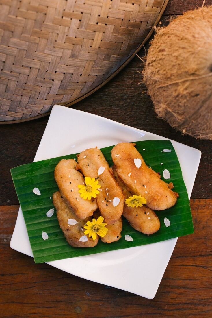 Sweet banana dessert plated at Baan Farm Thai Cooking School