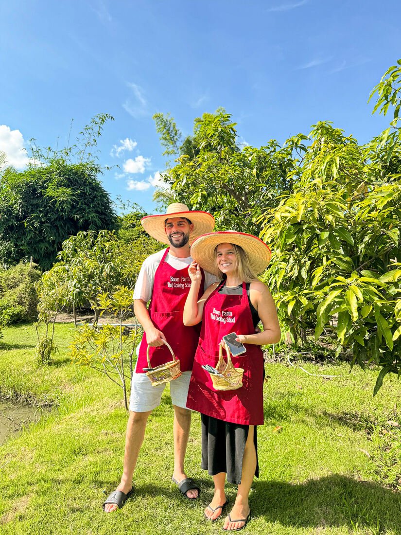 Guests picking fresh vegetables at the organic farm