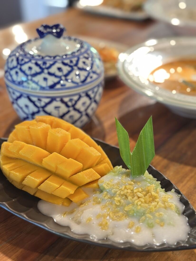 Mango sticky rice dessert at Baan Farm Thai Cooking School
