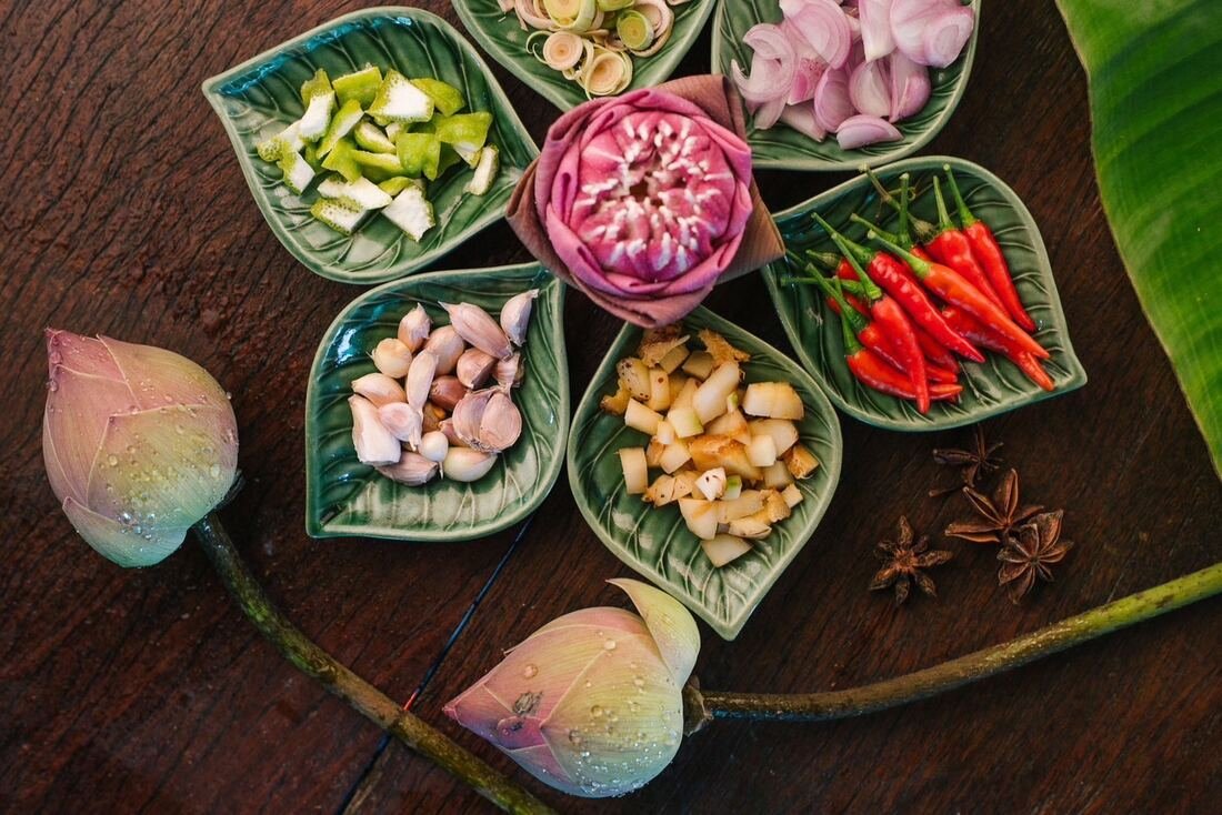 Fresh Thai curry paste ingredients prepared at Baan Farm Thai Cooking School