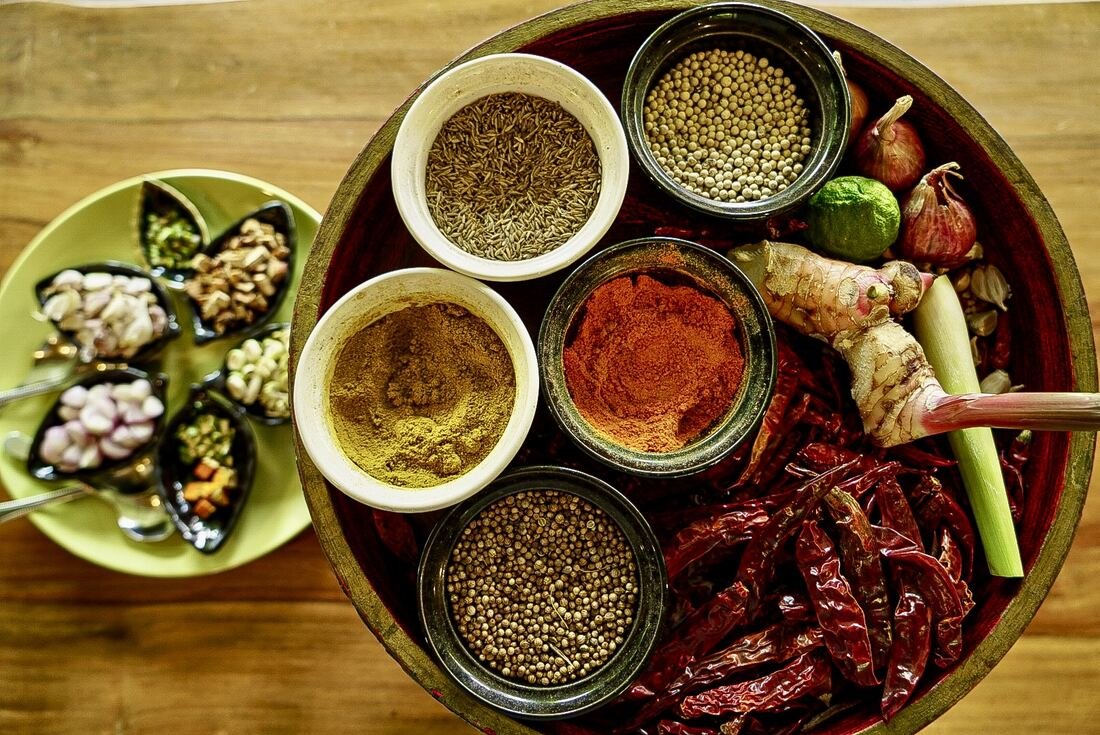 A selection of traditional Thai spices and ingredients used at Baan Farm Thai Cooking School